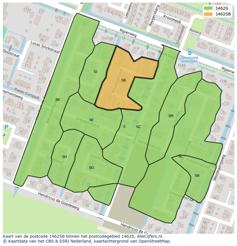 Afbeelding van het postcodegebied 1462 SB op de kaart.