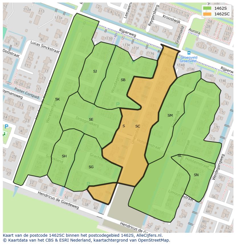 Afbeelding van het postcodegebied 1462 SC op de kaart.