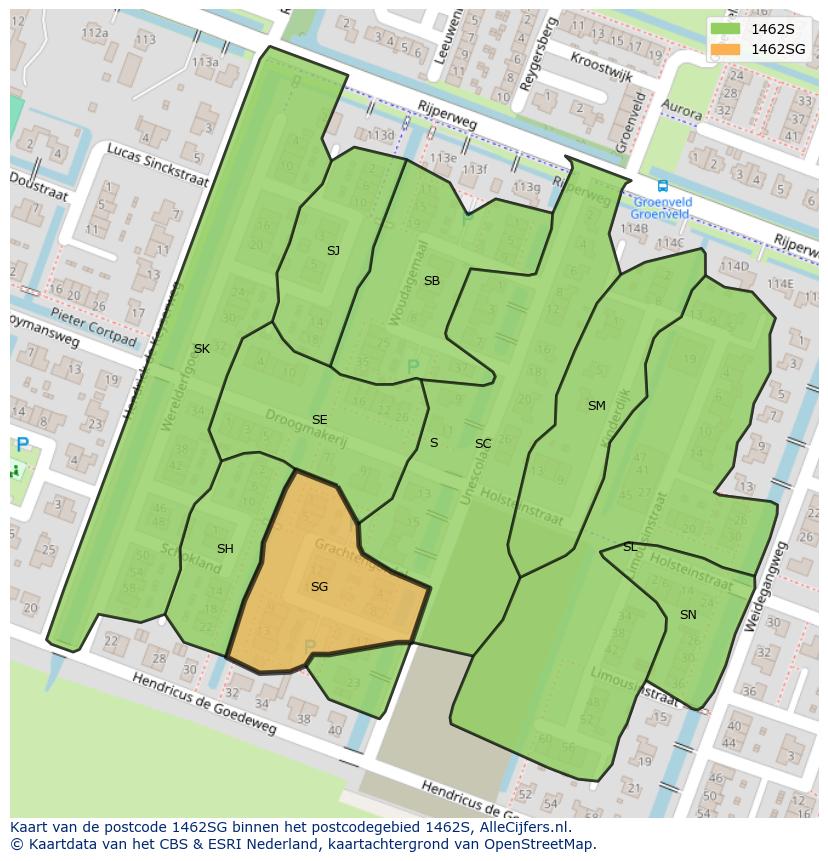 Afbeelding van het postcodegebied 1462 SG op de kaart.