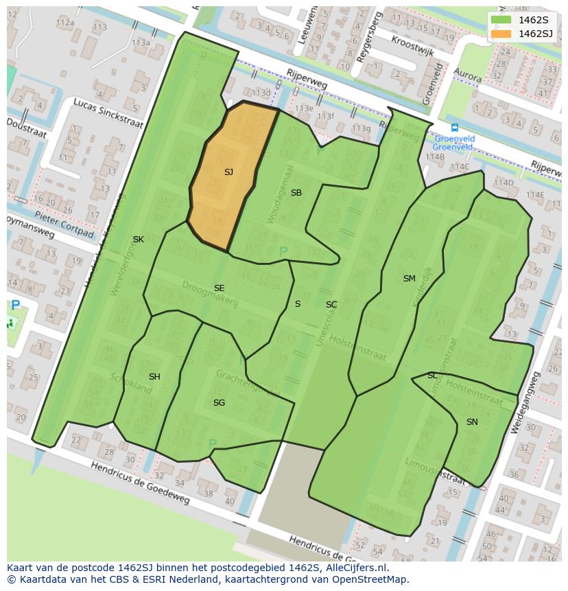Afbeelding van het postcodegebied 1462 SJ op de kaart.