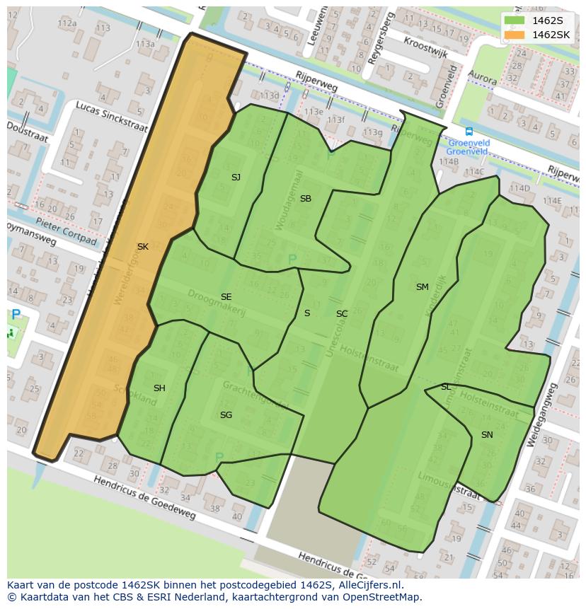 Afbeelding van het postcodegebied 1462 SK op de kaart.