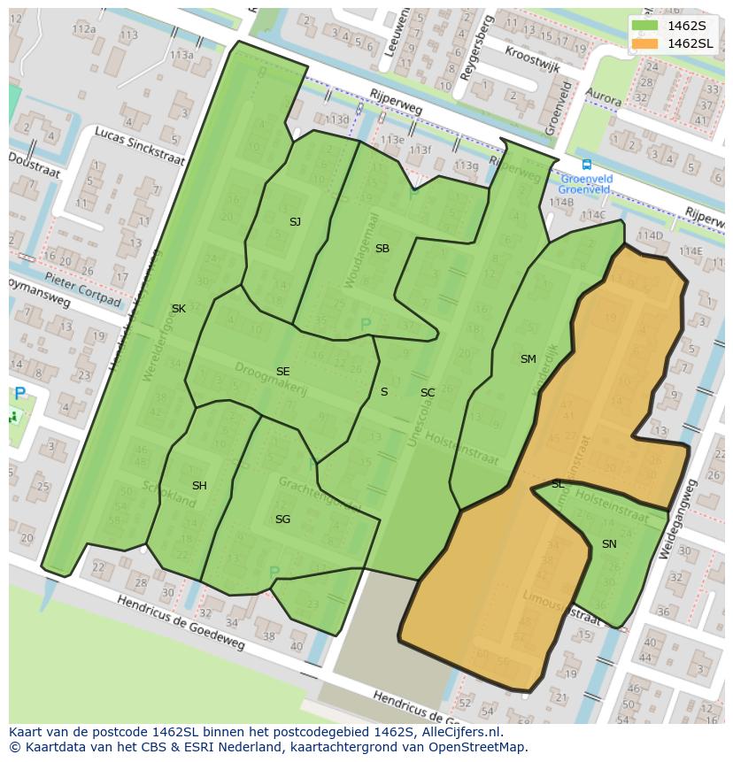Afbeelding van het postcodegebied 1462 SL op de kaart.