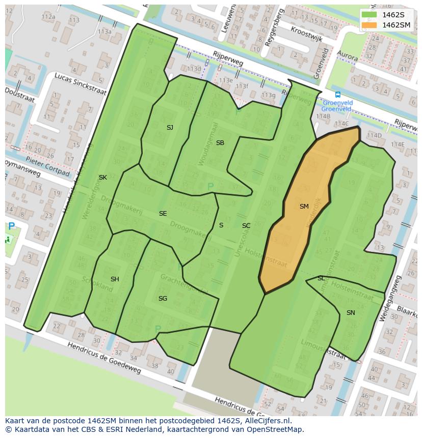 Afbeelding van het postcodegebied 1462 SM op de kaart.