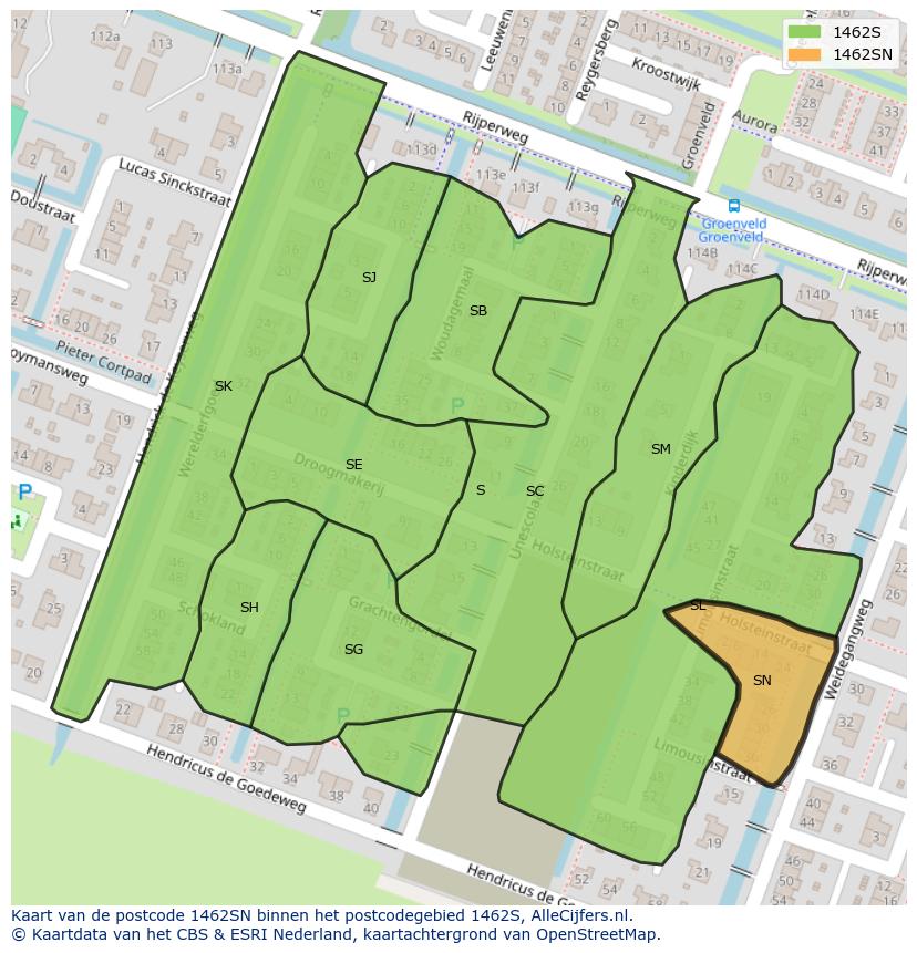 Afbeelding van het postcodegebied 1462 SN op de kaart.