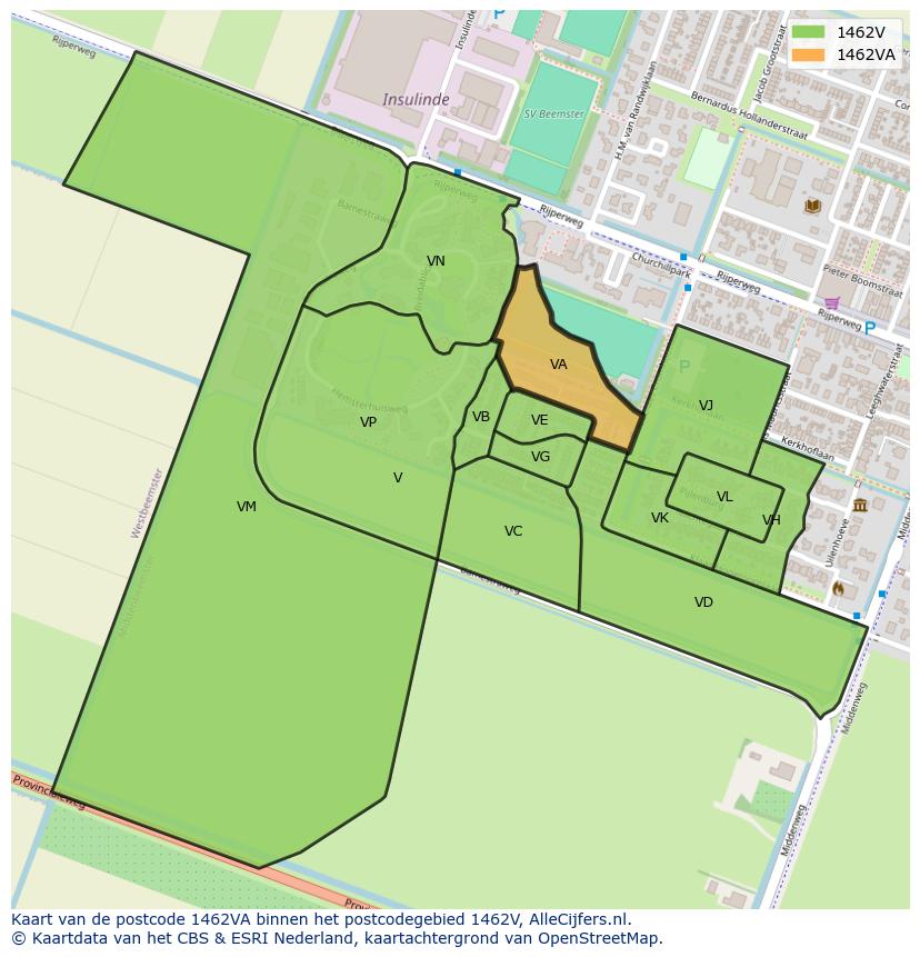 Afbeelding van het postcodegebied 1462 VA op de kaart.