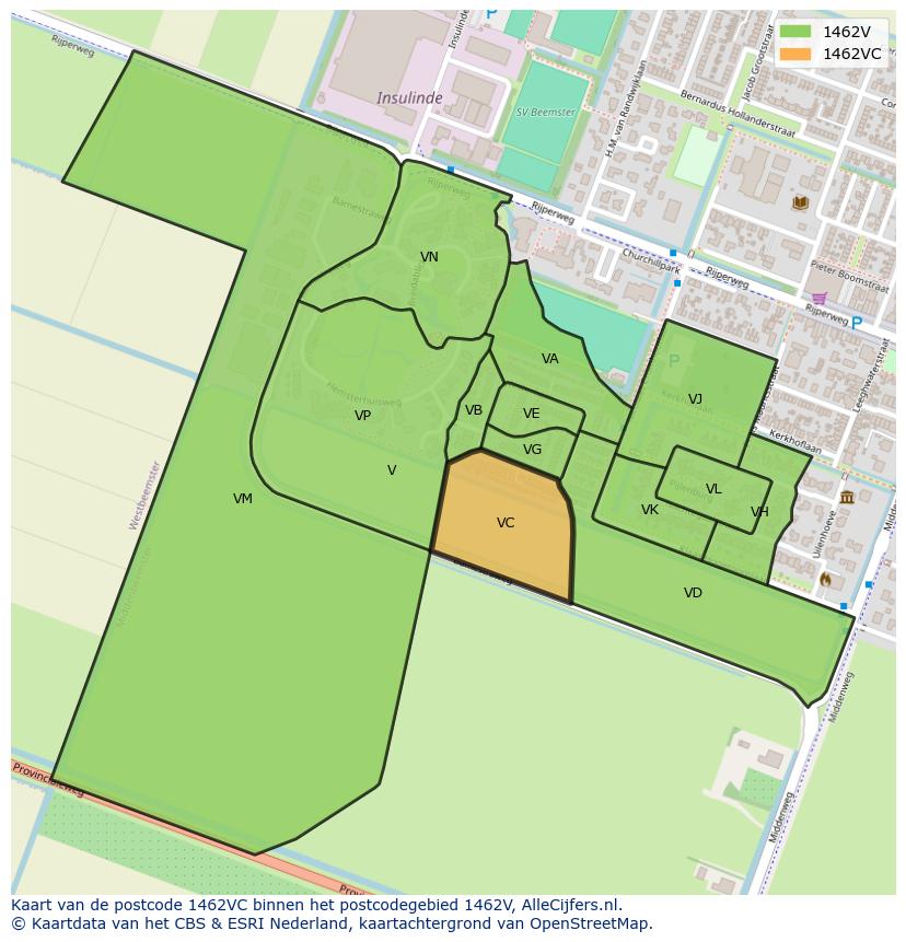 Afbeelding van het postcodegebied 1462 VC op de kaart.