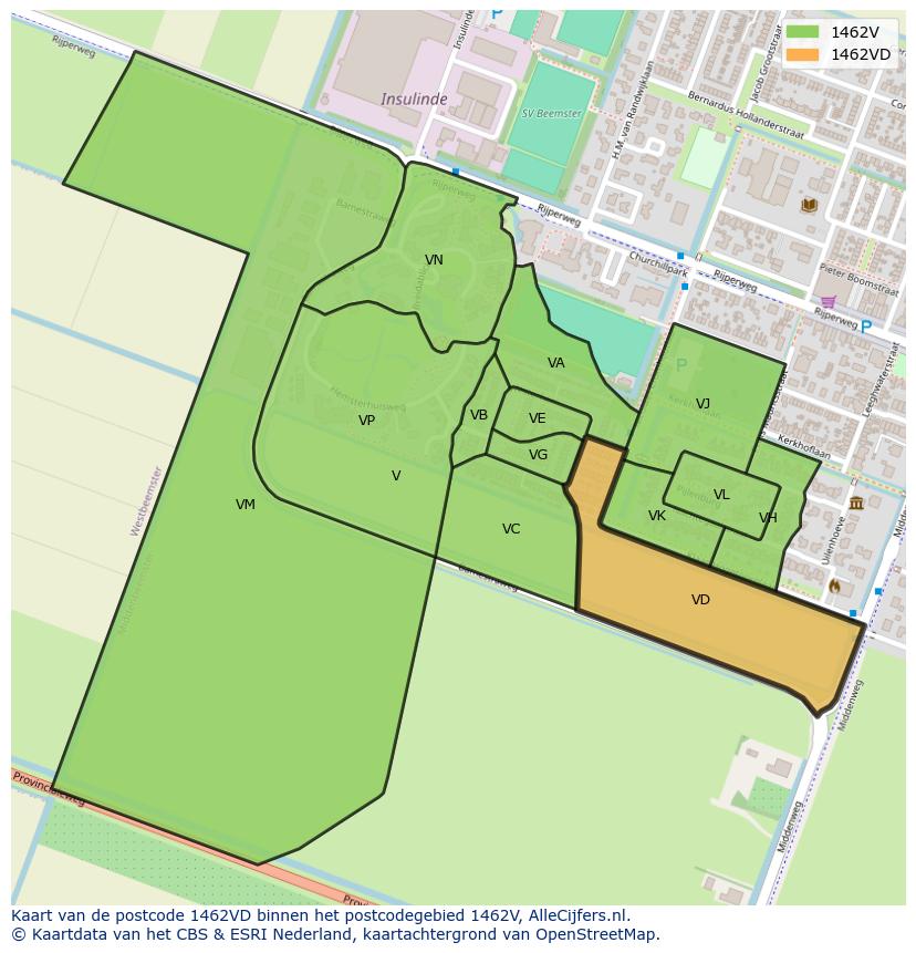 Afbeelding van het postcodegebied 1462 VD op de kaart.
