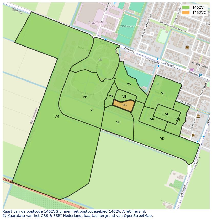 Afbeelding van het postcodegebied 1462 VG op de kaart.
