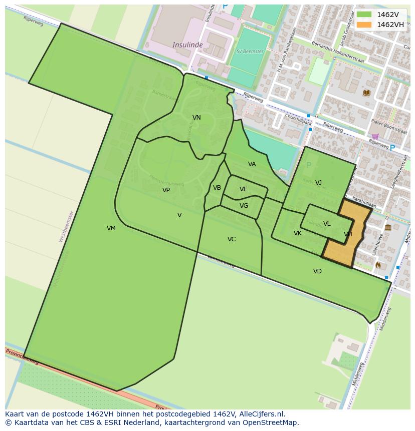 Afbeelding van het postcodegebied 1462 VH op de kaart.