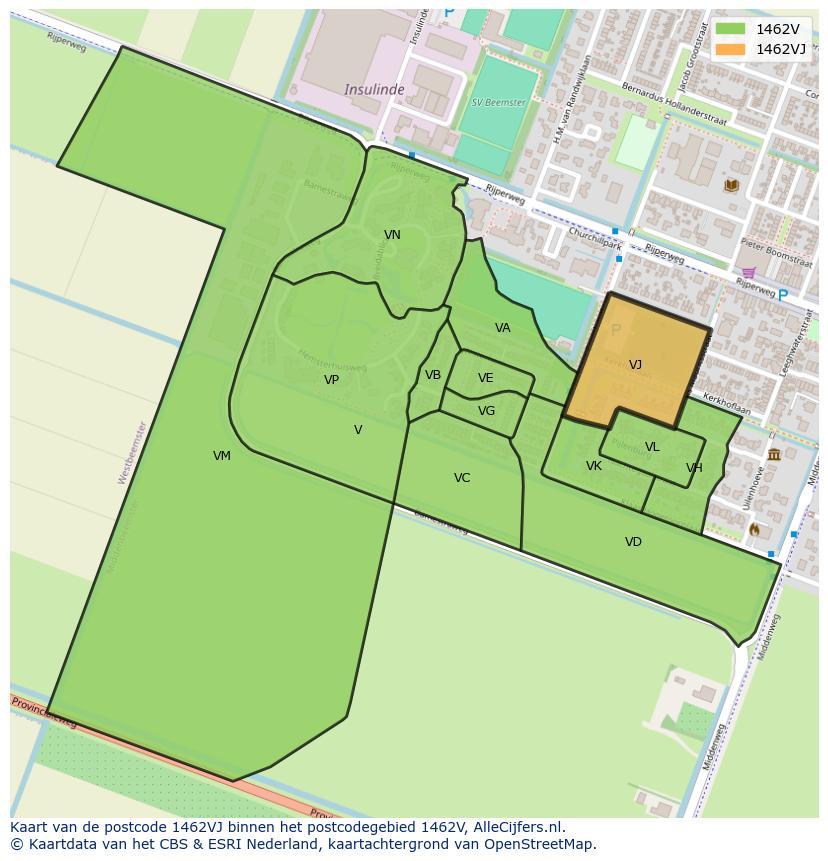 Afbeelding van het postcodegebied 1462 VJ op de kaart.
