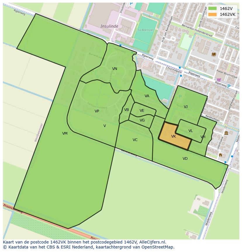 Afbeelding van het postcodegebied 1462 VK op de kaart.