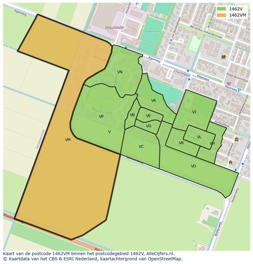 Afbeelding van het postcodegebied 1462 VM op de kaart.