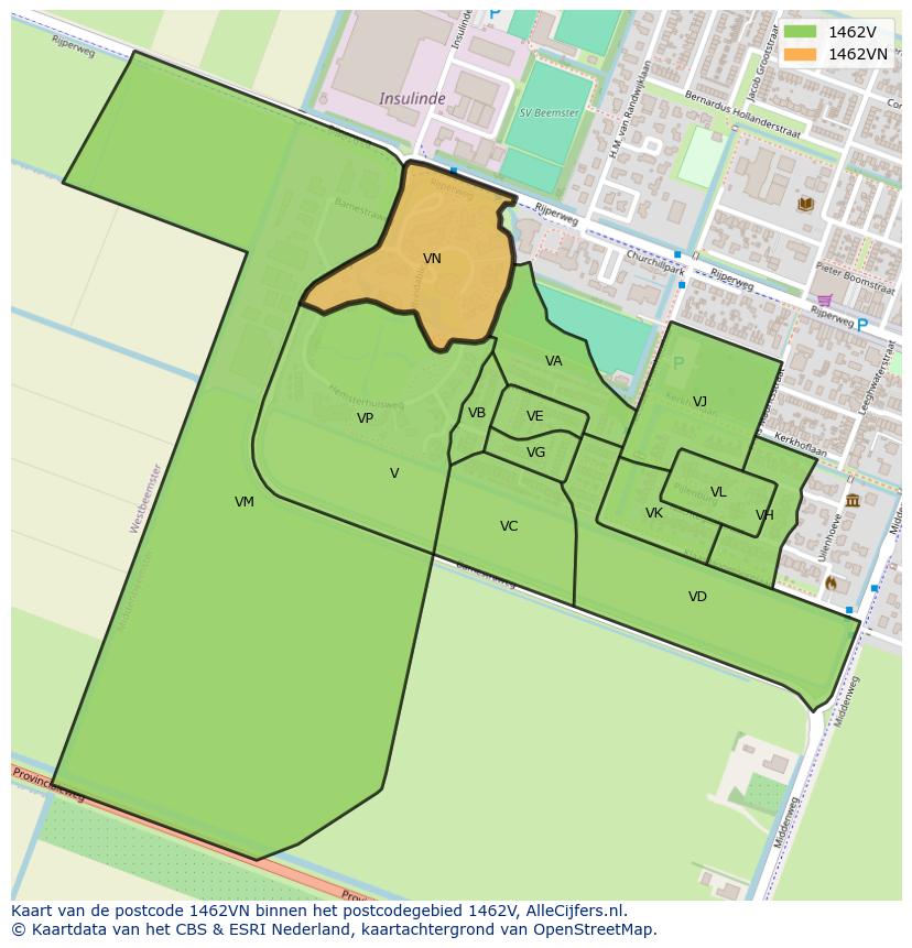 Afbeelding van het postcodegebied 1462 VN op de kaart.