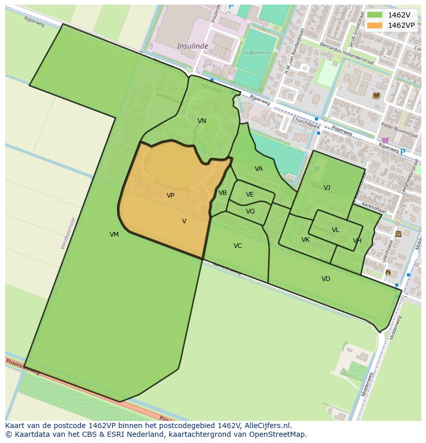 Afbeelding van het postcodegebied 1462 VP op de kaart.