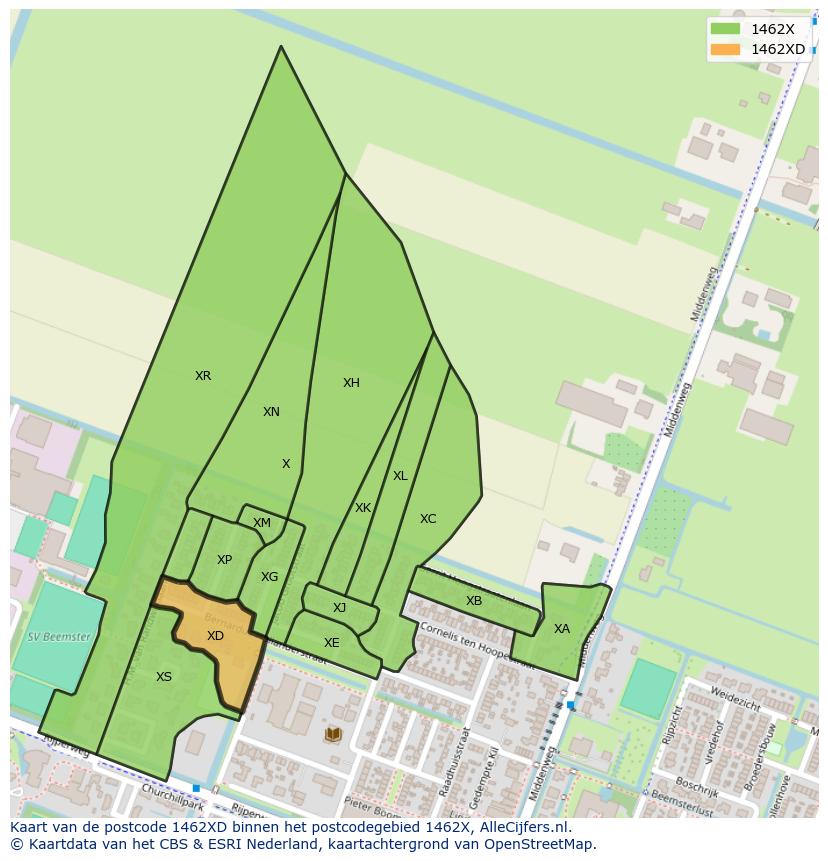 Afbeelding van het postcodegebied 1462 XD op de kaart.