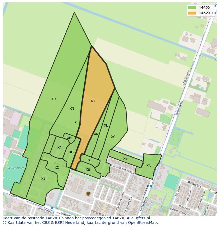 Afbeelding van het postcodegebied 1462 XH op de kaart.