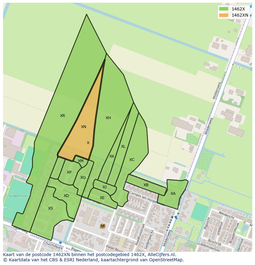 Afbeelding van het postcodegebied 1462 XN op de kaart.
