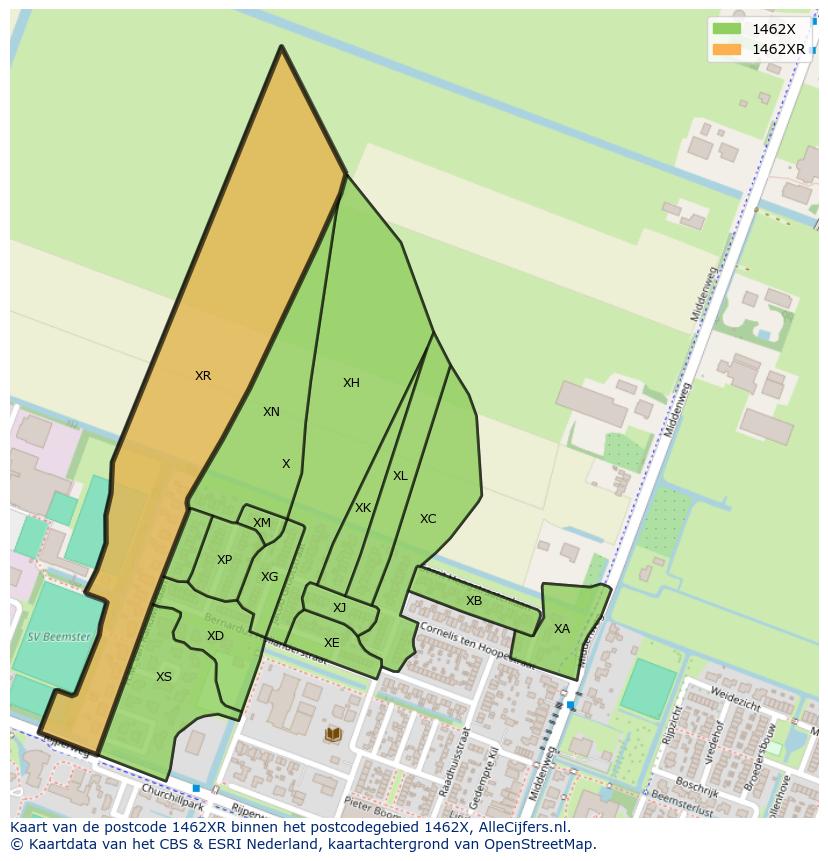 Afbeelding van het postcodegebied 1462 XR op de kaart.