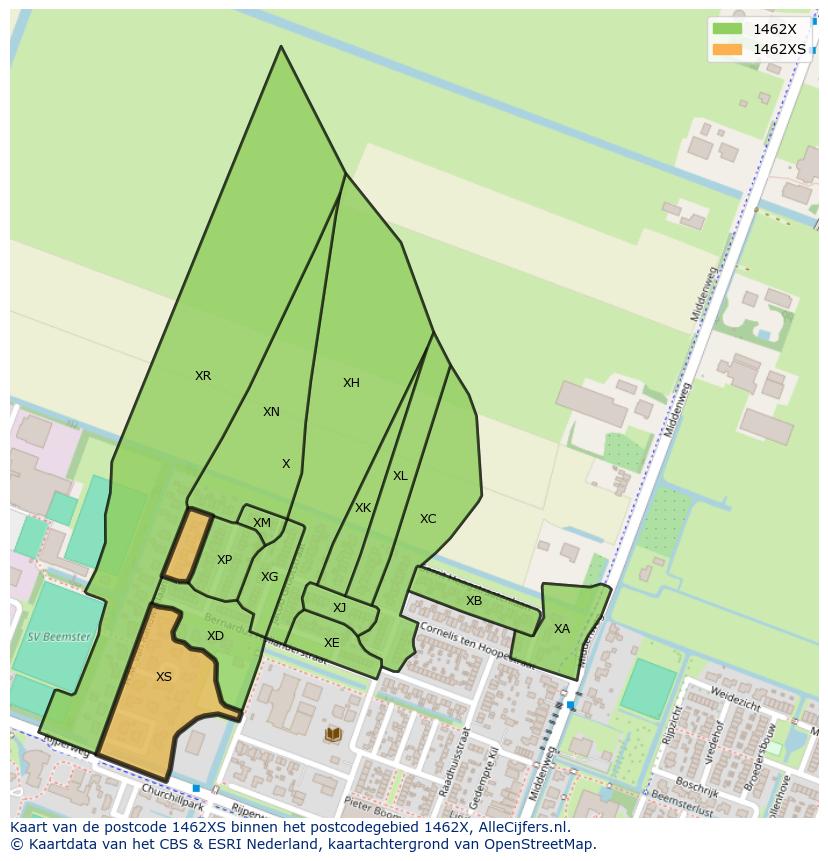 Afbeelding van het postcodegebied 1462 XS op de kaart.