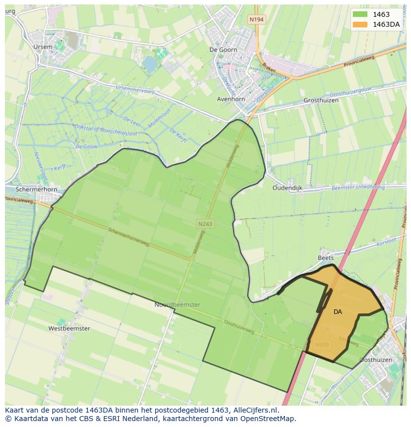 Afbeelding van het postcodegebied 1463 DA op de kaart.