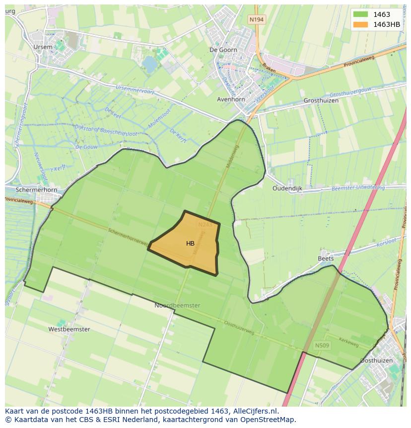 Afbeelding van het postcodegebied 1463 HB op de kaart.