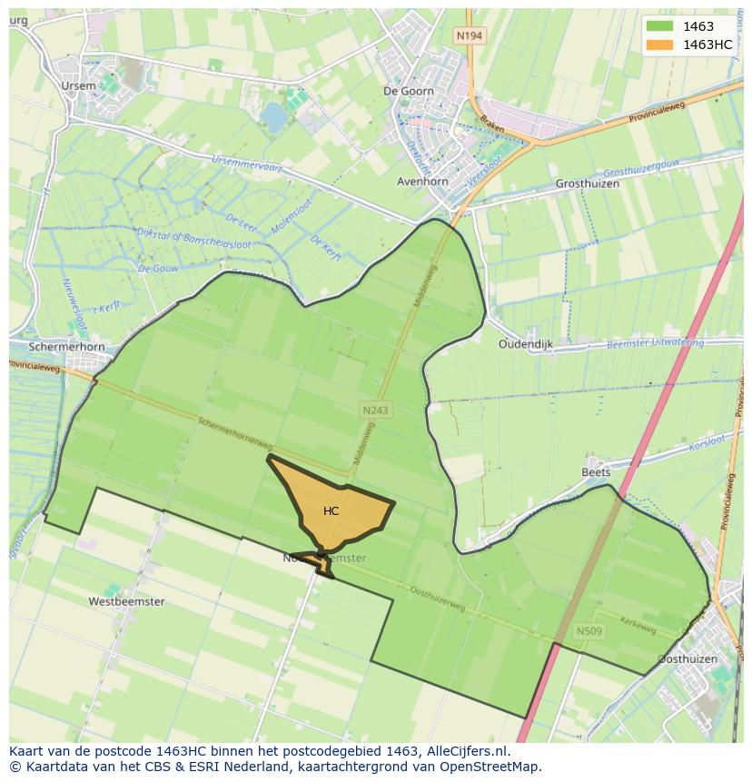 Afbeelding van het postcodegebied 1463 HC op de kaart.