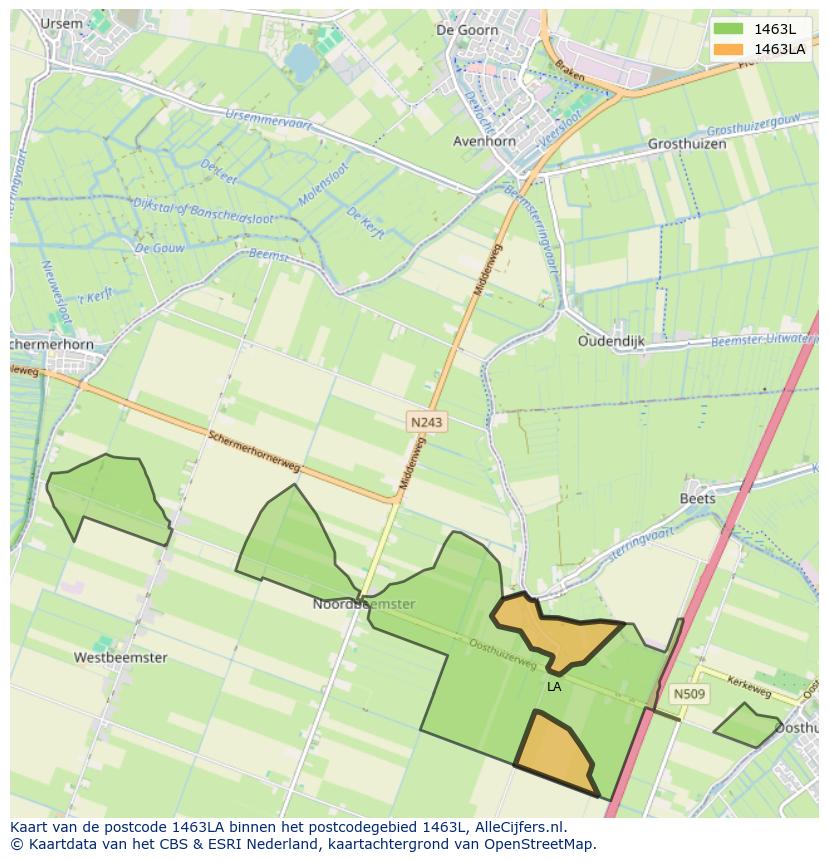 Afbeelding van het postcodegebied 1463 LA op de kaart.