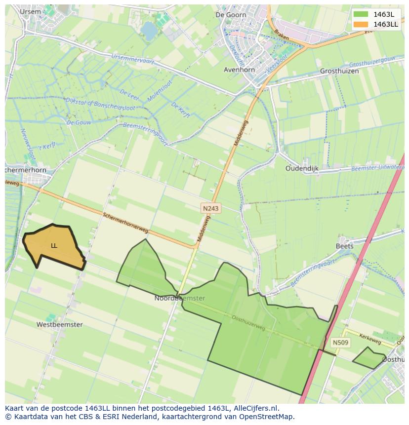 Afbeelding van het postcodegebied 1463 LL op de kaart.