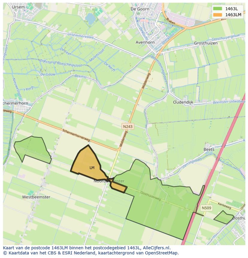 Afbeelding van het postcodegebied 1463 LM op de kaart.