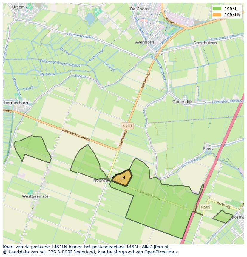 Afbeelding van het postcodegebied 1463 LN op de kaart.