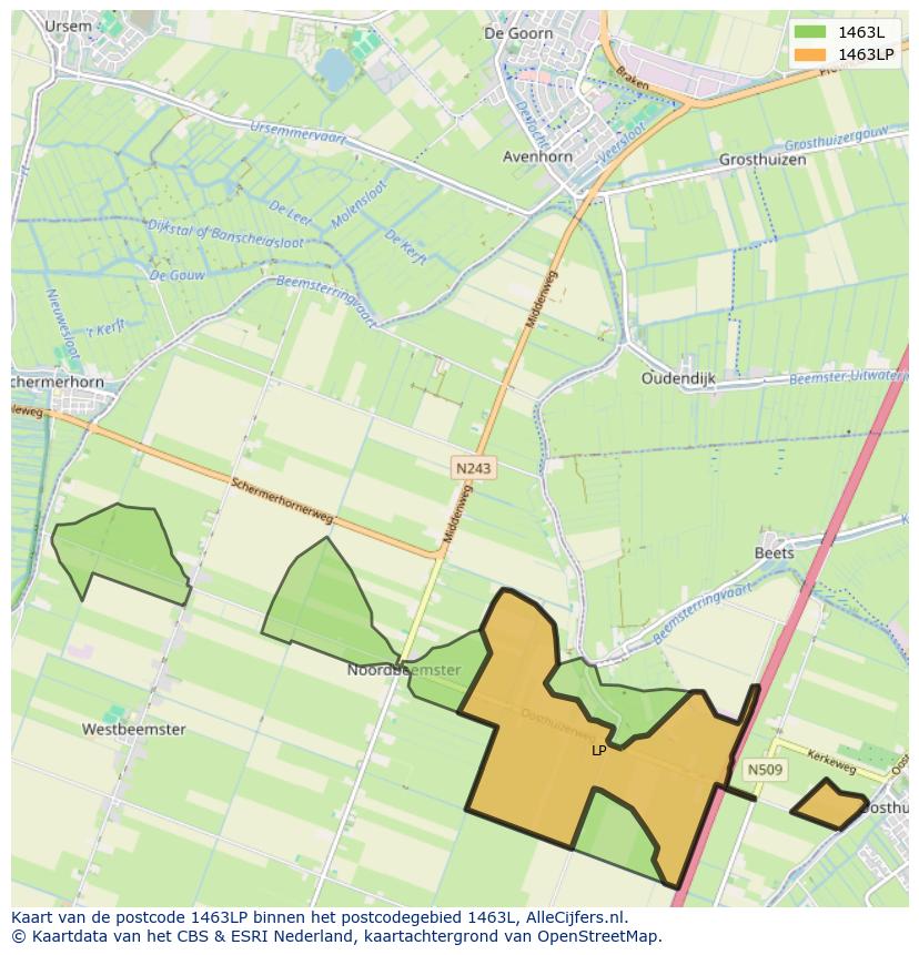 Afbeelding van het postcodegebied 1463 LP op de kaart.