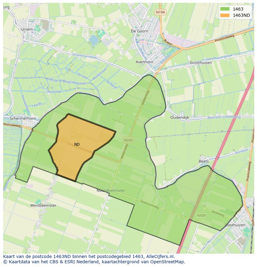 Afbeelding van het postcodegebied 1463 ND op de kaart.