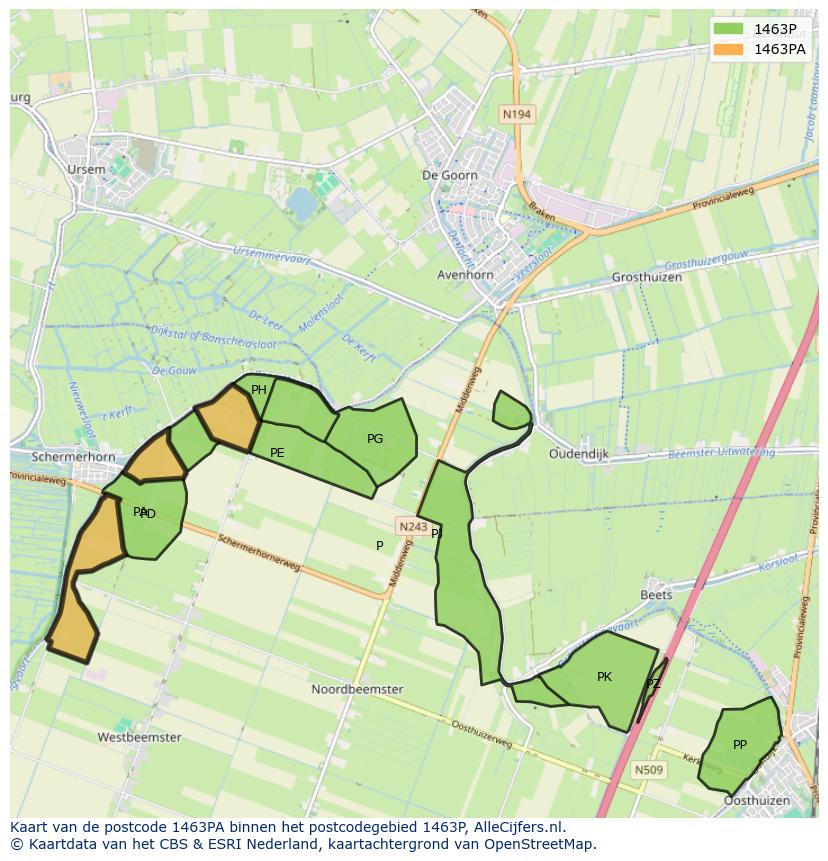 Afbeelding van het postcodegebied 1463 PA op de kaart.