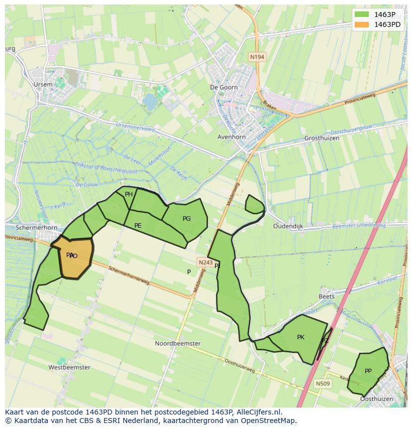 Afbeelding van het postcodegebied 1463 PD op de kaart.