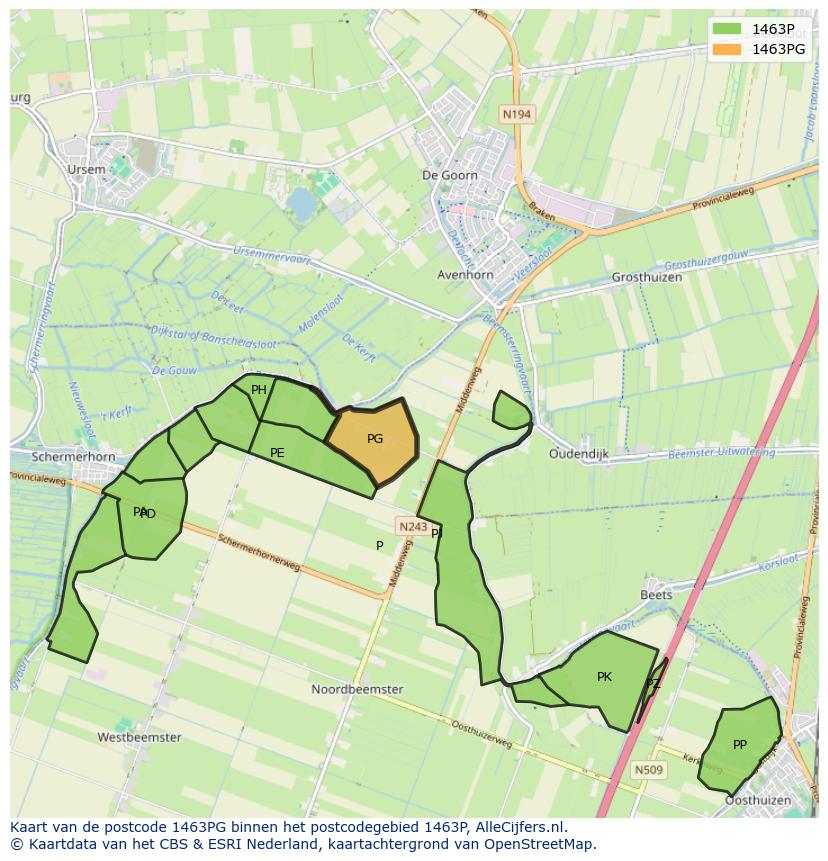 Afbeelding van het postcodegebied 1463 PG op de kaart.