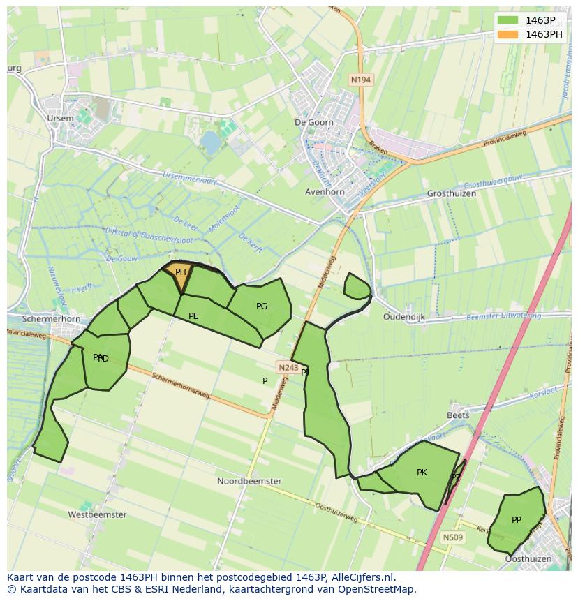 Afbeelding van het postcodegebied 1463 PH op de kaart.