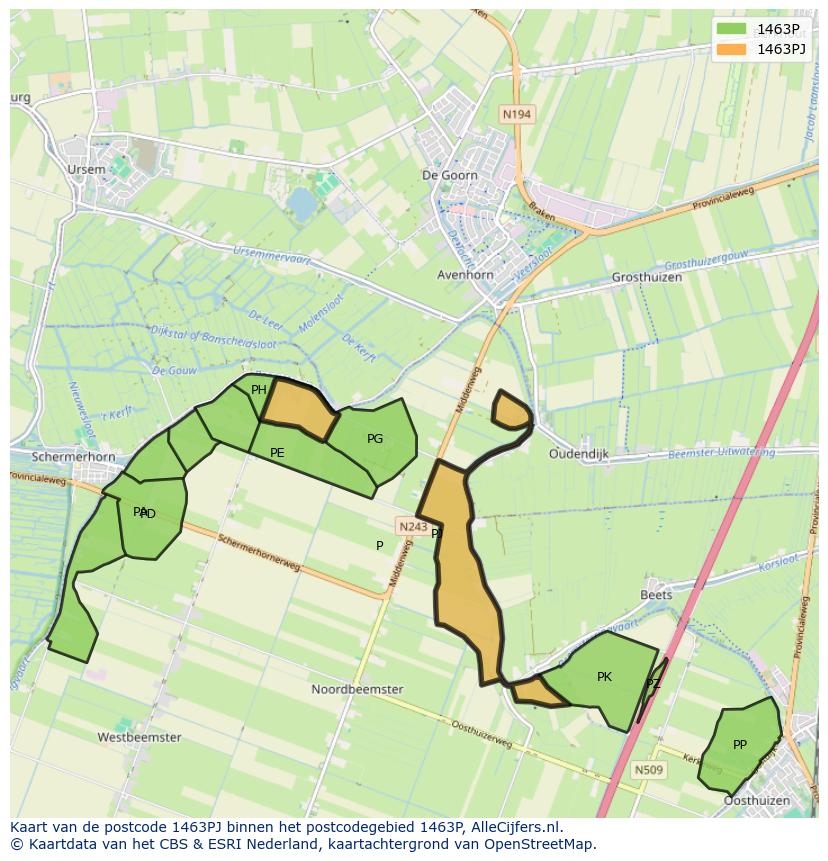 Afbeelding van het postcodegebied 1463 PJ op de kaart.