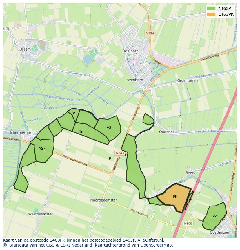Afbeelding van het postcodegebied 1463 PK op de kaart.