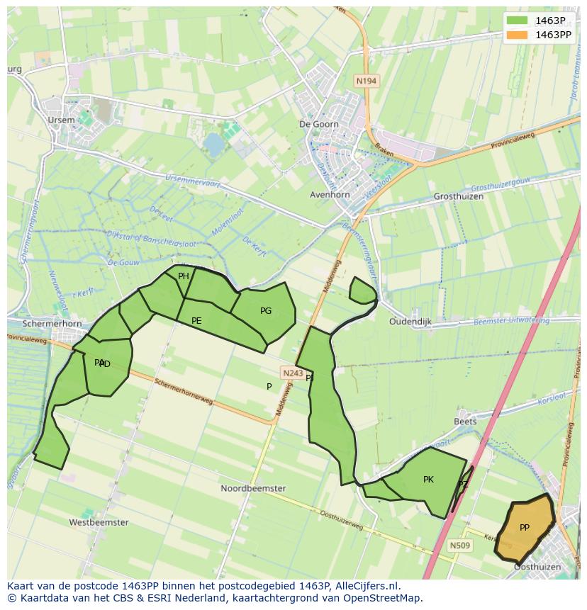 Afbeelding van het postcodegebied 1463 PP op de kaart.