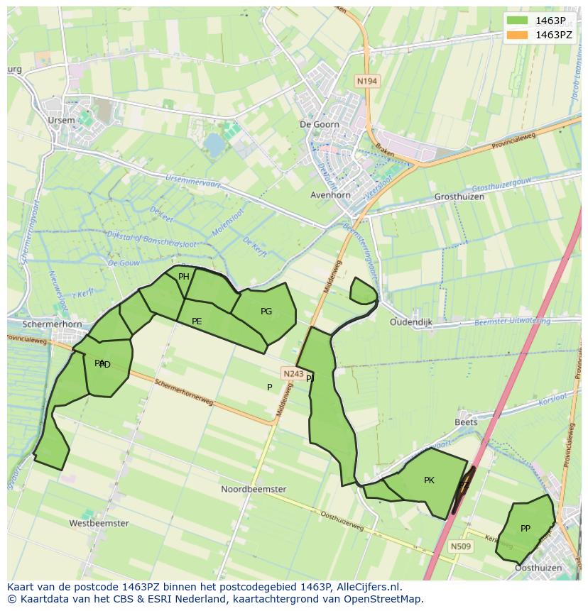 Afbeelding van het postcodegebied 1463 PZ op de kaart.
