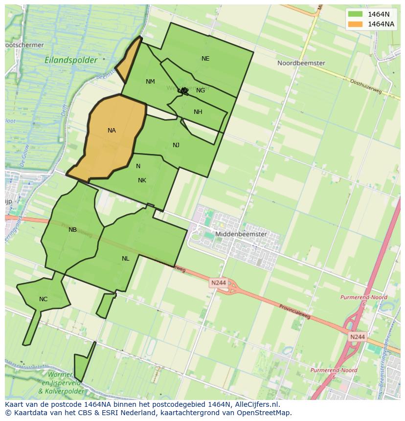 Afbeelding van het postcodegebied 1464 NA op de kaart.