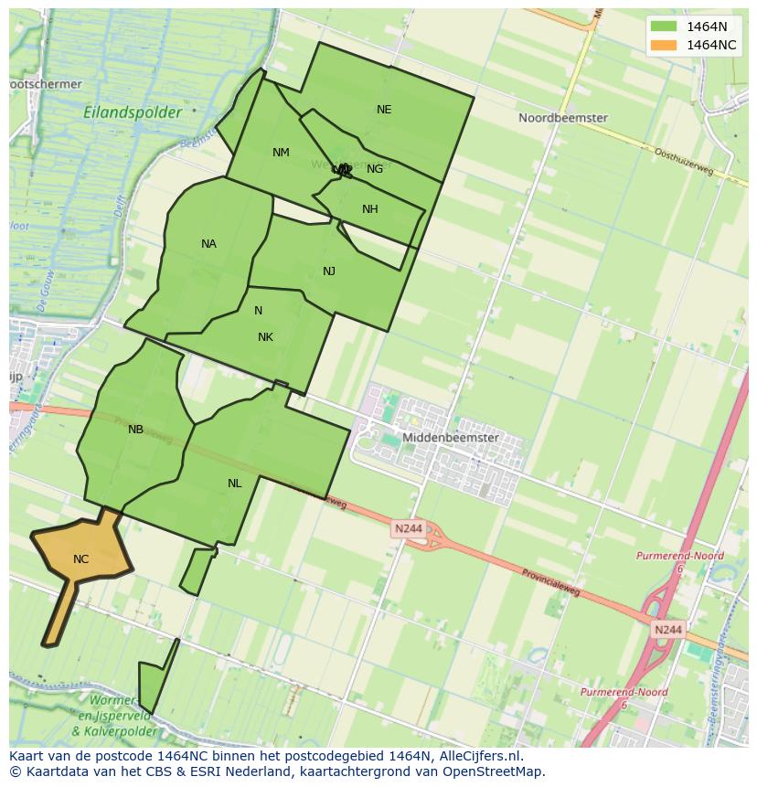 Afbeelding van het postcodegebied 1464 NC op de kaart.
