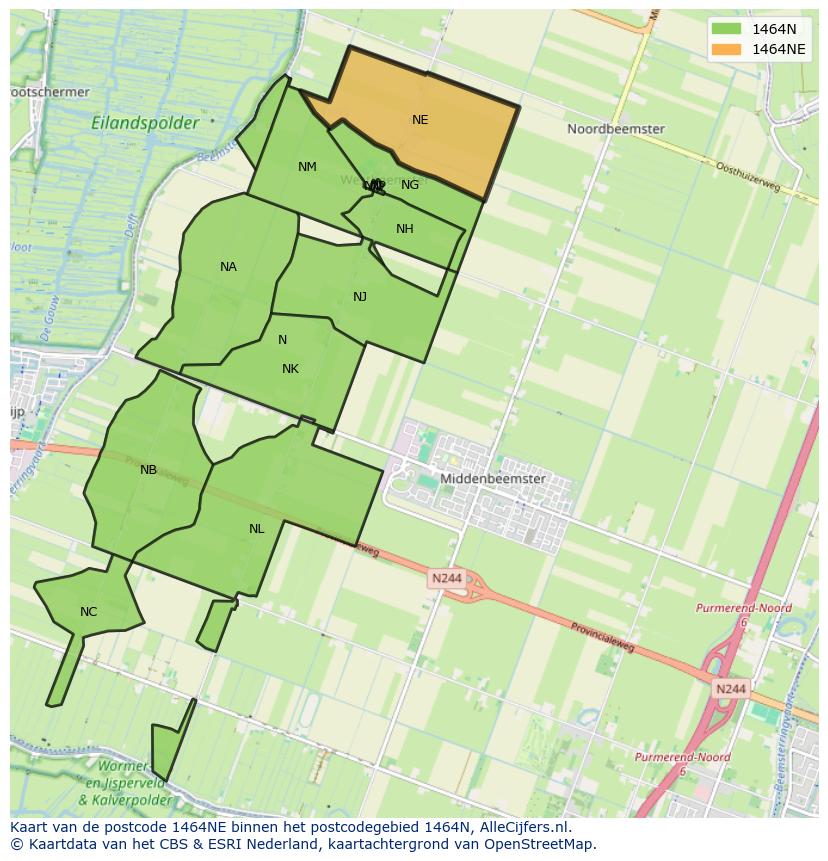 Afbeelding van het postcodegebied 1464 NE op de kaart.