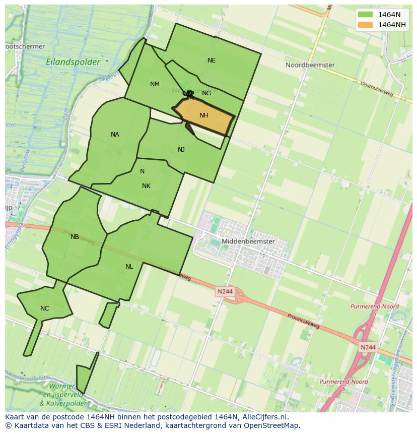 Afbeelding van het postcodegebied 1464 NH op de kaart.