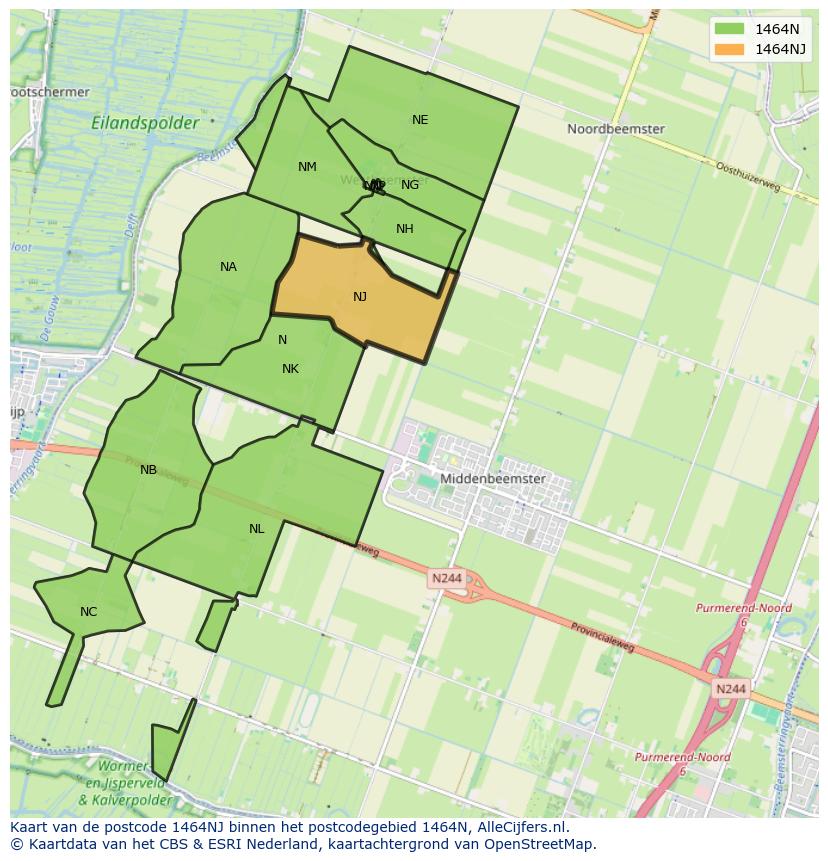 Afbeelding van het postcodegebied 1464 NJ op de kaart.