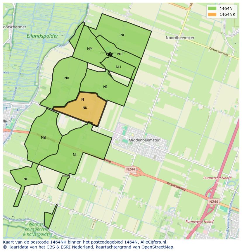 Afbeelding van het postcodegebied 1464 NK op de kaart.