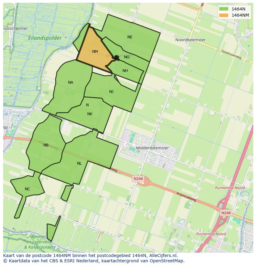 Afbeelding van het postcodegebied 1464 NM op de kaart.