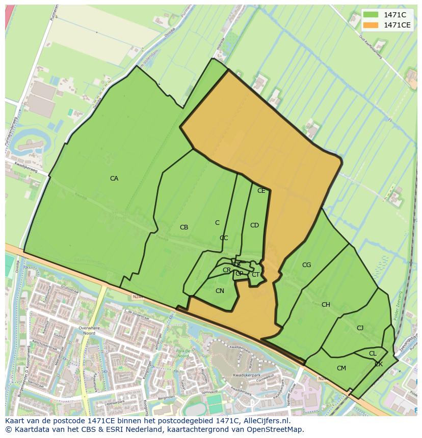 Afbeelding van het postcodegebied 1471 CE op de kaart.