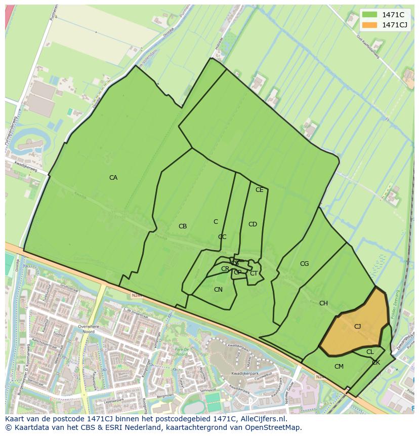 Afbeelding van het postcodegebied 1471 CJ op de kaart.