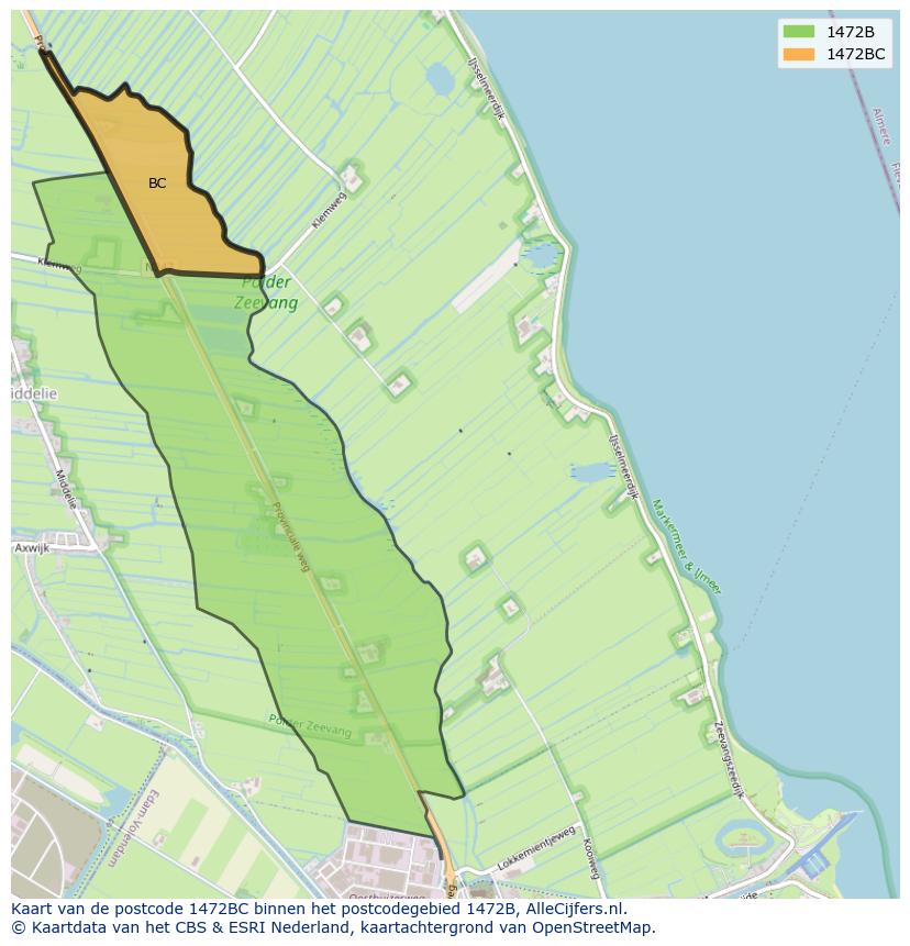Afbeelding van het postcodegebied 1472 BC op de kaart.